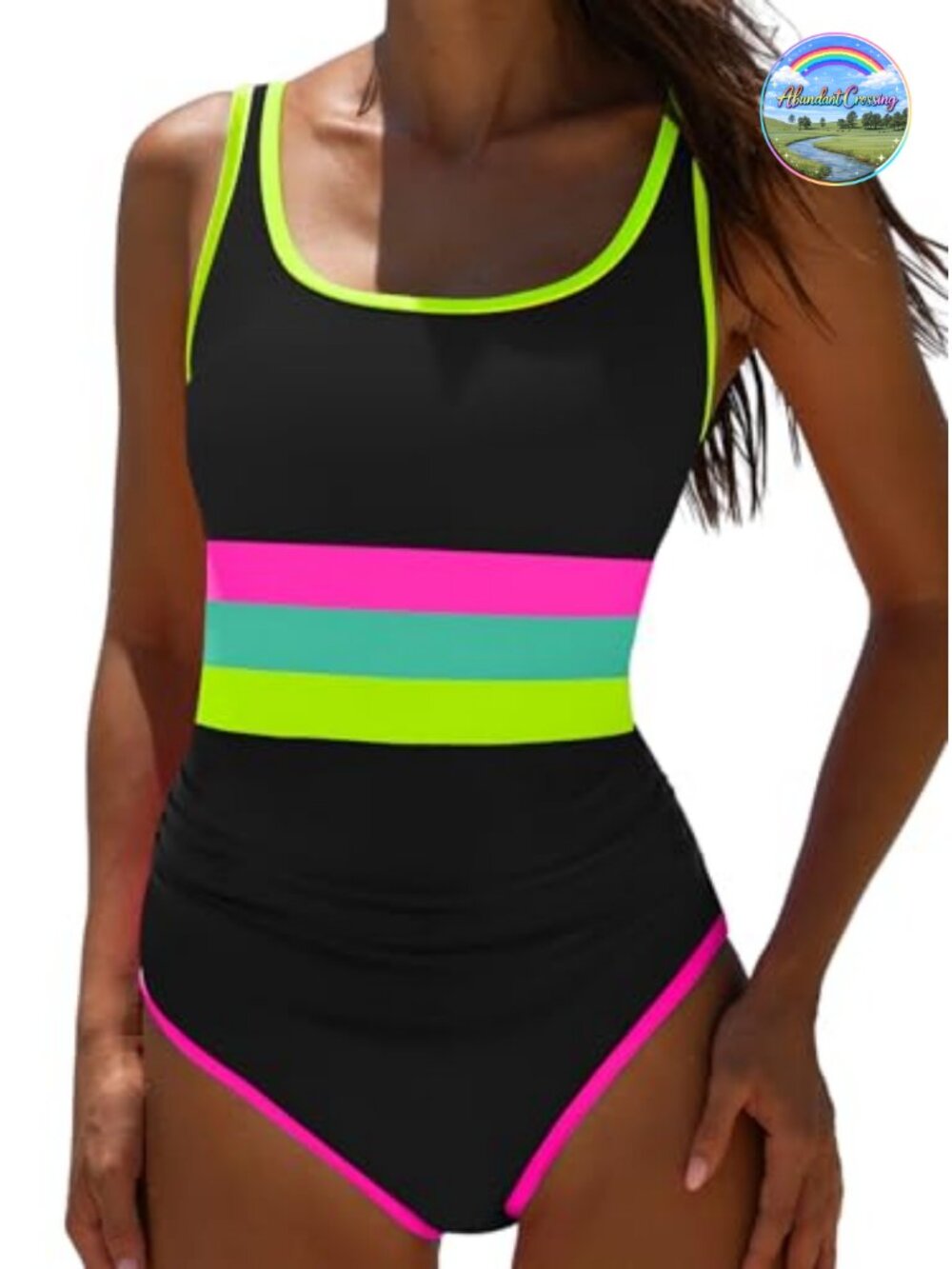 One Piece Swimsuit Modest Square Neck Tummy Control Neon Bathing Suit
